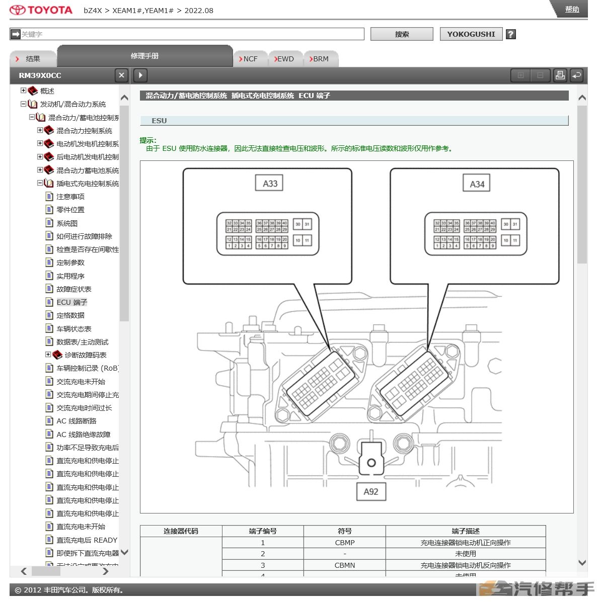 2022年丰田BZ4X原厂维修手册和电路图线路接线资料下载